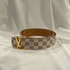 Louis Vuitton Blue and Cream Checkered Belt with Gold Logo